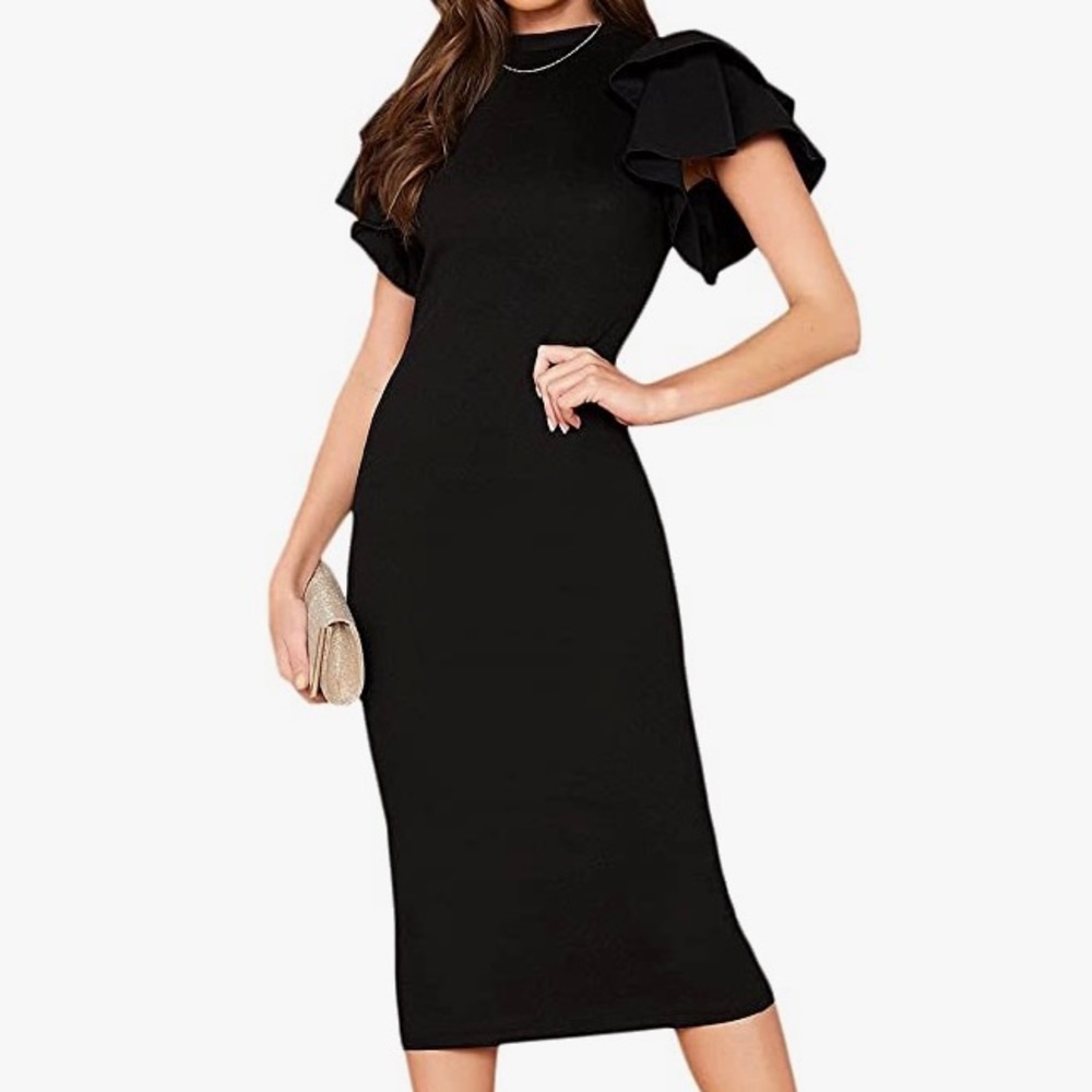 NWOT Women’s black layered ruffle sleeve cocktail dress.